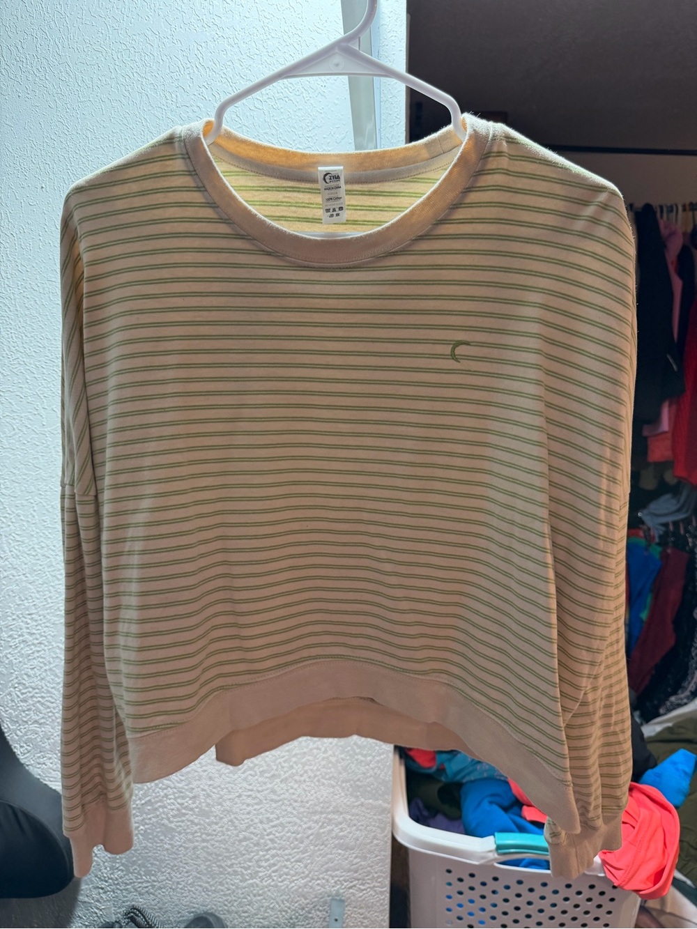 ZYIA Light Green & Cream Striped Crewneck Sweatshirt